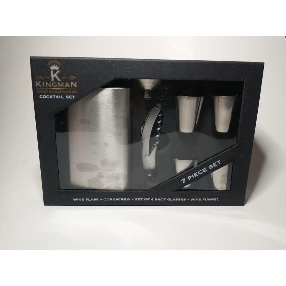 Kingman 7 Piece Stainless Steel Cocktail Set Flask Corkscrew Shot Glasses Funnel